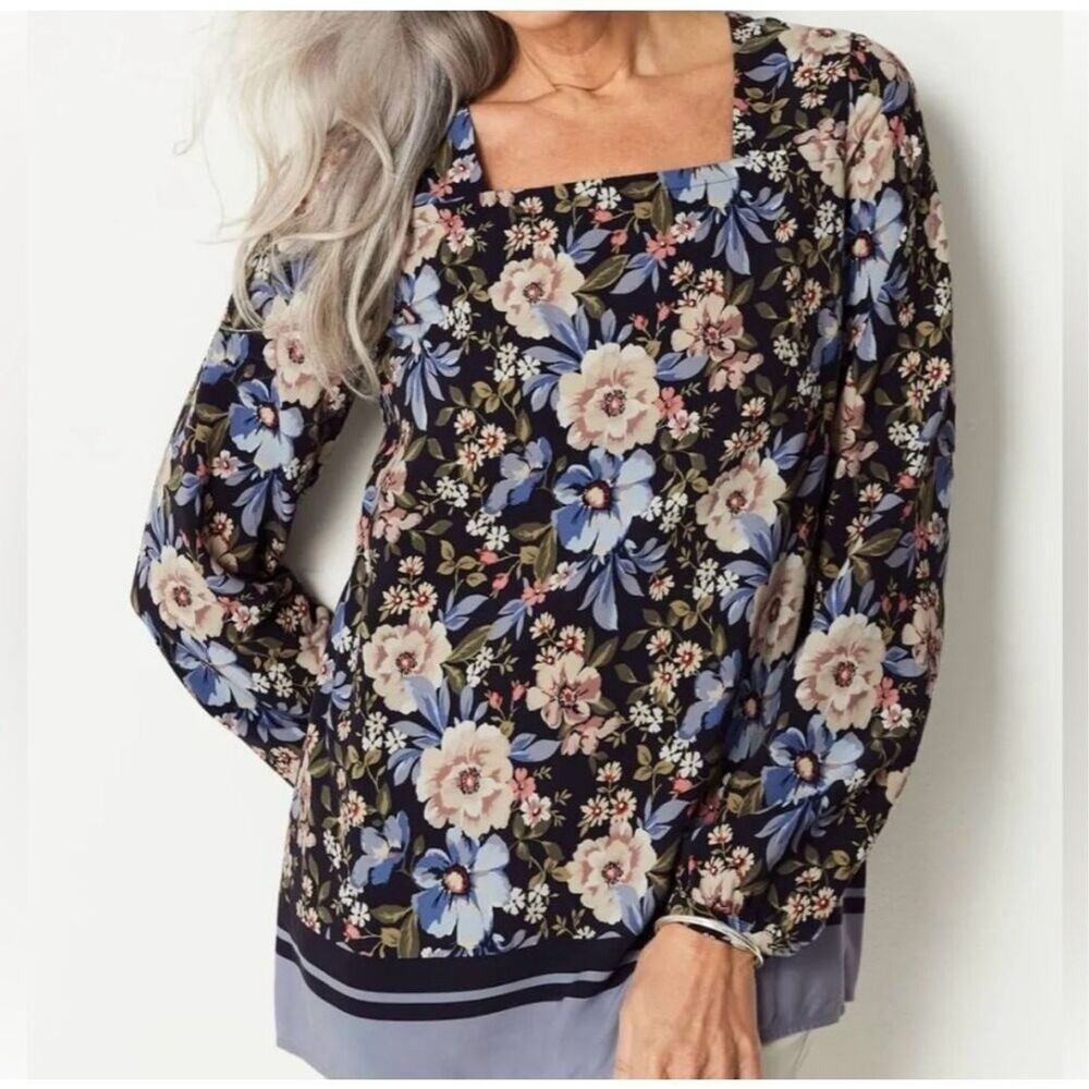 J. Jill Blue Floral Square Neck Long Sleeve Top Sz‎ M